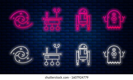 Set line Mars rover, Robot, Black hole and Alien. Glowing neon icon on brick wall. Vector