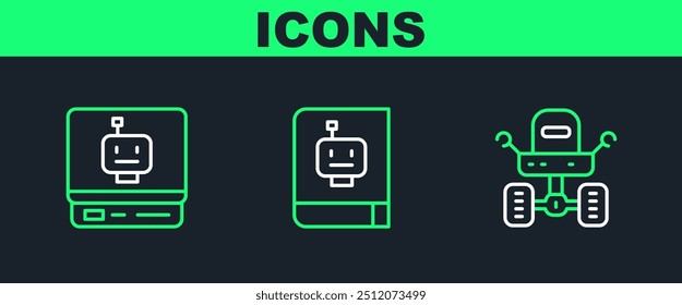 Establecer línea Mars rover, Robot y el icono del manual del usuario. Vector