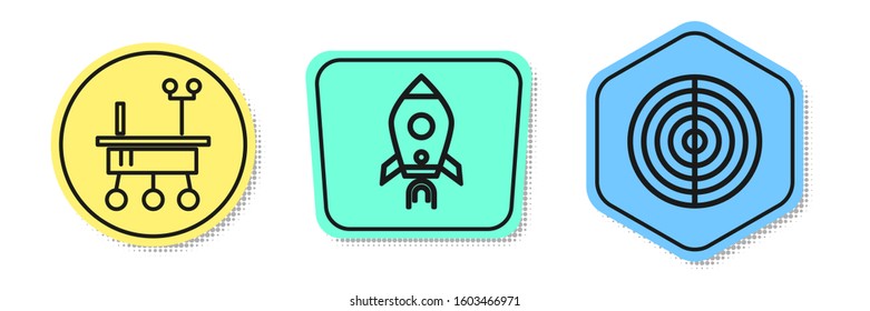Set line Mars rover, Rocket ship with fire and Earth structure. Colored shapes. Vector
