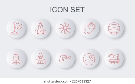 Set line Mars rover, Rocket ship, Black hole, Planet, Moon with flag,  and Ray gun icon. Vector
