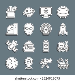 Set line Mars rover, Rocket ship, Alien, Astronaut helmet, Astronomical observatory and Radar icon. Vector