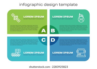 Set line Mars rover, Satellite, Astronaut helmet and Robot. Business infographic template. Vector