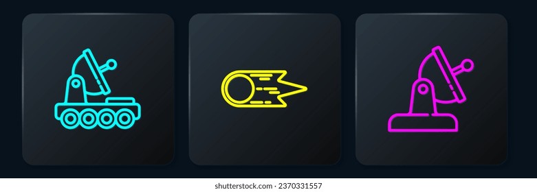Set line Mars rover, Satellite dish and Comet falling down fast. Black square button. Vector