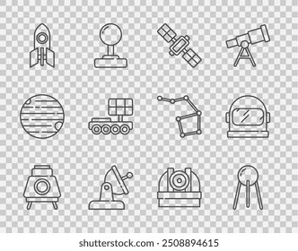 Set line Mars rover, Satellite, dish, Rocket ship, Astronomical observatory and Astronaut helmet icon. Vector