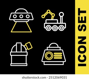 Set line Mars rover, Space capsule, Astronomical observatory and UFO flying spaceship icon. Vector