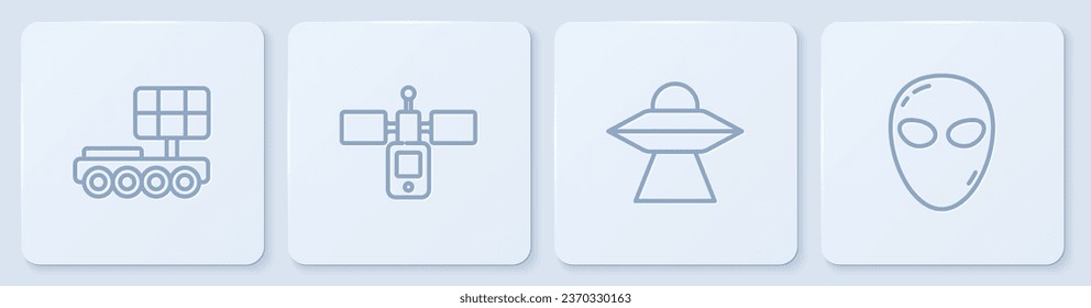 Set line Mars rover, UFO flying spaceship, Satellite and Alien. White square button. Vector