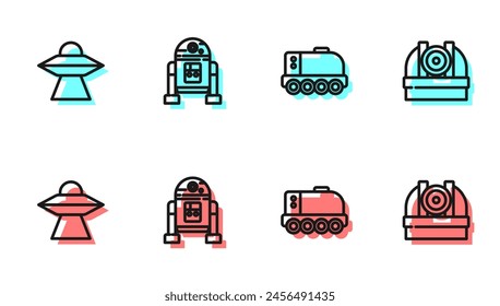 Set line Mars rover, UFO flying spaceship, Robot and Astronomical observatory icon. Vector