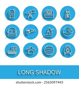 Set line Mars rover, UFO flying spaceship, Astronomical observatory, Planet Venus, Ray gun, Death star and Satellite dish icon. Vector