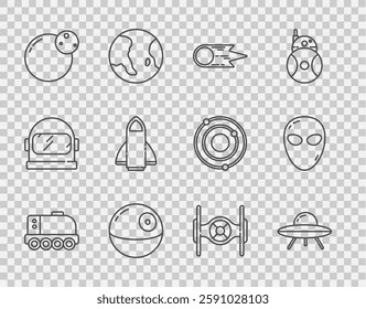 Set line Mars rover, UFO flying spaceship, Comet falling down fast, Death star, Planet, Rocket, Cosmic and Alien icon. Vector