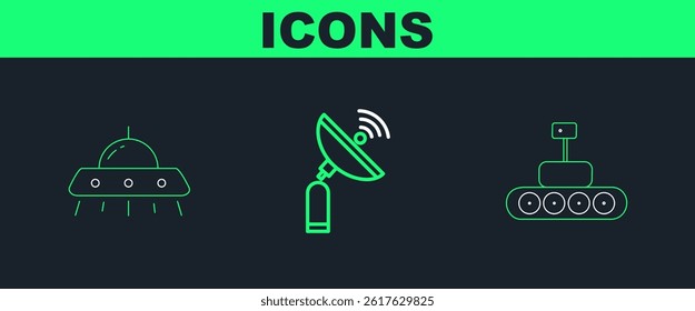 Set line Mars rover, UFO flying spaceship and Radar icon. Vector
