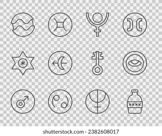 Fijar la línea Marte símbolo, Botella de agua, Plutón símbolo, Zodiaco de Cáncer, Planeta, Sagittarius, Planeta Neptuno y Medallón con icono de ojo. Vector