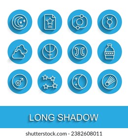 Set line Mars symbol, Star constellation zodiac, Moon and stars, Eclipse of the sun, Comet, Neptune planet, Bottle water and Pisces icon. Vector