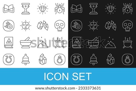 Set line Mars, Witch cauldron, Skull, Diamond, Sun, Comet falling down fast, Ancient magic book and Magic stone icon. Vector