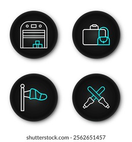 Set line Marshalling wands, Cone meteorology windsock, Suitcase and Aircraft hangar icon. Vector