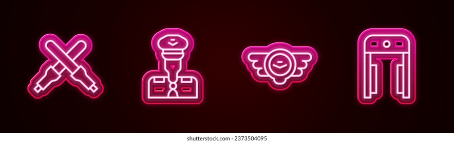 Set line Marshalling wands, Pilot, Aviation emblem and Metal detector airport. Glowing neon icon. Vector