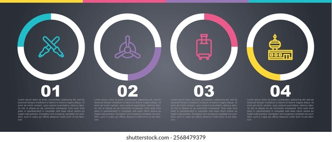 Set line Marshalling wands, Plane propeller, Suitcase and Airport control tower. Business infographic template. Vector