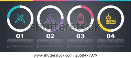 Set line Marshalling wands, Plane propeller, Suitcase and Airport control tower. Business infographic template. Vector