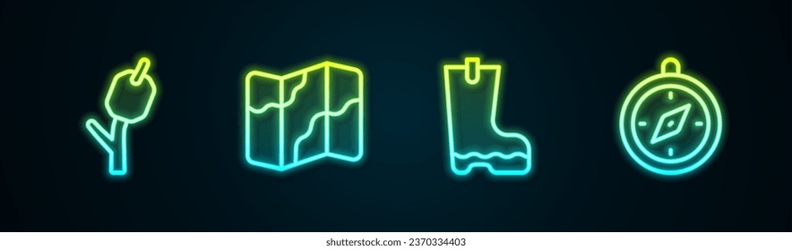 Set line Marshmallow on stick, Camping and hiking map, Waterproof rubber boot and Compass. Glowing neon icon. Vector