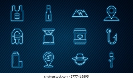 Set line Marshmallow on stick, Fishing hook, Mountains, Camping gas stove, Rafting boat, Life jacket, First aid kit and Bottle of water icon. Vector