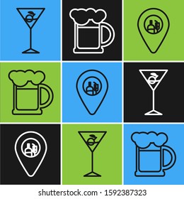 Set line Martini glass , Alcohol or beer bar location  and Wooden beer mug  icon. Vector