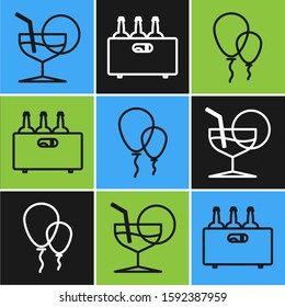Set line Martini glass , Balloons with ribbon  and Bottles of wine in a wooden box  icon. Vector