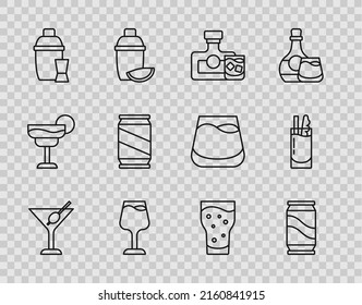Set line Martini glass, Beer can, Whiskey bottle and, Wine, Cocktail shaker, Glass of beer and Bloody Mary icon. Vector