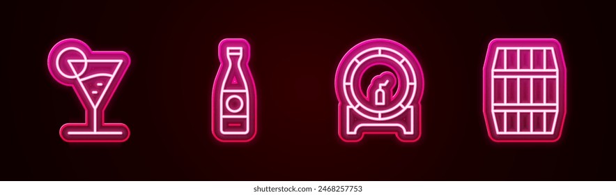 Set line Martini glass, Beer bottle, Wooden barrel on rack and . Glowing neon icon. Vector