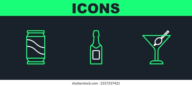 Set line Martini glass, Beer can and Champagne bottle icon. Vector