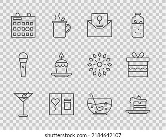 Set line Martini glass, Cake, Invitation, Greeting card, Birthday calendar, with burning candles, Mixed punch bowl and Gift box icon. Vector