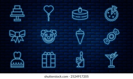 Set line Martini glass, Candy, Cake with burning candles, Clown head, Gift bow, Ice cream waffle cone and Balloons form of heart icon. Vector