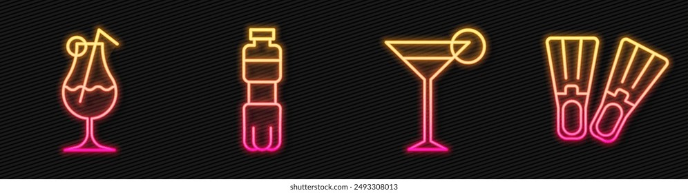 Set line vaso Martini, cóctel y bebida alcohólica, botella de agua y aletas de goma. Icono de neón brillante. Vector