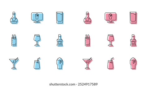 Set line Martini glass, Cocktail, Bottle of cognac or brandy, Glass beer, Wine, Whiskey bottle, Bloody Mary and Alcohol bar location icon. Vector