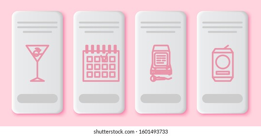 Set line Martini glass , Detailed calendar , Karaoke  and Beer can . White rectangle button. Vector