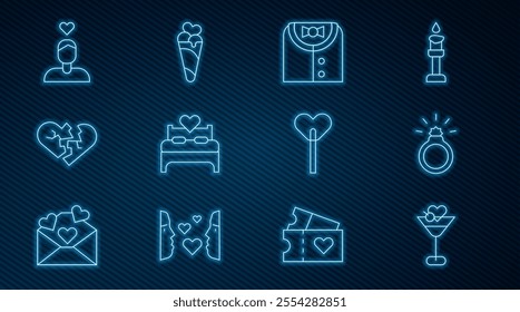 Set line Martini glass, Diamond engagement ring, Suit, Bedroom, Broken heart or divorce, Couple love, Lollipop and Ice cream waffle cone icon. Vector