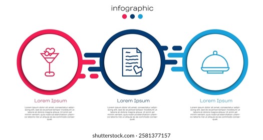 Set line Martini glass, Envelope with Valentine heart and Covered tray. Business infographic template. Vector