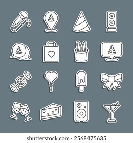 Set line Martini glass, Gift bow, Slice of pizza, Party hat, Shopping bag with heart, Microphone and Magician and rabbit ears icon. Vector