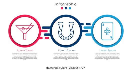 Definir linha Martini vidro, ferradura e Jogando carta com paus. Modelo de infográfico comercial. Vetor
