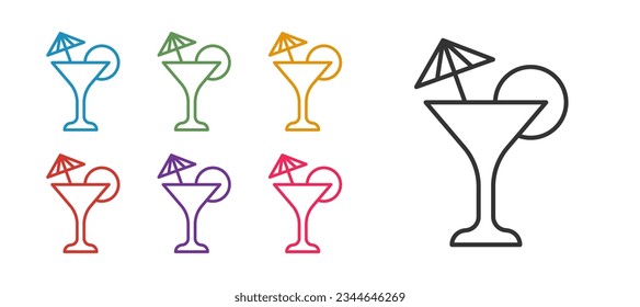 Set line Martini glass icon isolated on white background. Cocktail icon. Wine glass icon. Set icons colorful. Vector