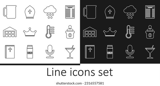 Set line Martini glass, Information desk, Cloud with rain, Crown, Warehouse, Coffee cup, Thermometer and Pope hat icon. Vector