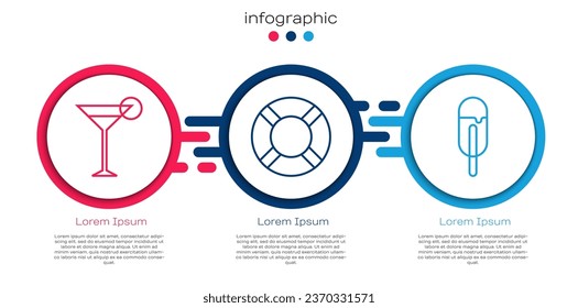 Set line Martini glass, Lifebuoy and Ice cream. Business infographic template. Vector