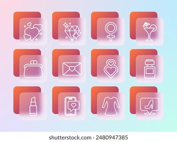 Set line Martini glass, Mobile with heart, Heart, Woman dress, Envelope 8 March, Female gender symbol,  and Diamond icon. Vector