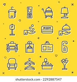 Set line Martini glass, Please do not disturb, Covered with tray, Paying tips, Parking, Towel on hanger and Hotel key card icon. Vector