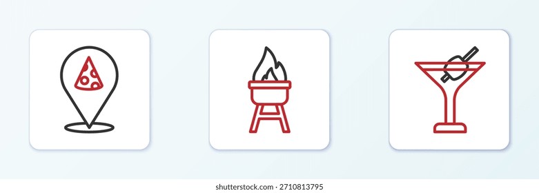 Set line Vaso Martini, Rebanada de pizza y parrilla de barbacoa icono. Vector