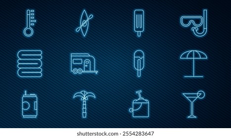 Set line Martini glass, Sun protective umbrella for beach, Ice cream, Rv Camping trailer, Towel stack, Meteorology thermometer,  and Kayak canoe and paddle icon. Vector