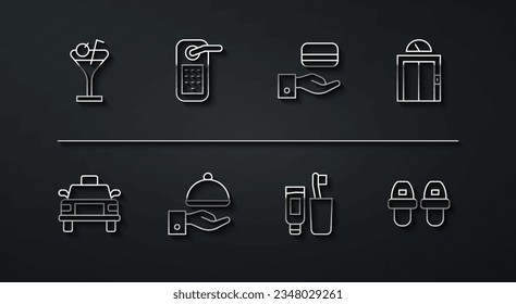 Set line Martini glass, Taxi car, Lift, Toothbrush and toothpaste, Covered with tray, Digital door lock, Hotel slippers and  icon. Vector