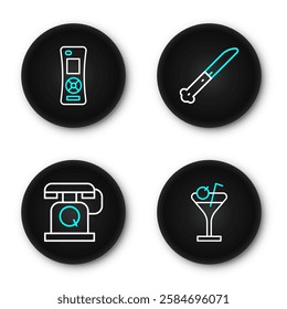 Set line Martini glass, Telephone handset, Knife and Remote control icon. Vector