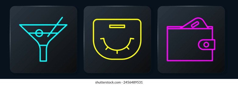 Set line Martini glass, Wallet with money and Poker table. Black square button. Vector