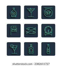 Set line Martini glass, Whiskey bottle, Beer, Street signboard with Bar, Dried fish, Pub, Bottle of cognac or brandy and Wooden barrel on rack icon. Vector