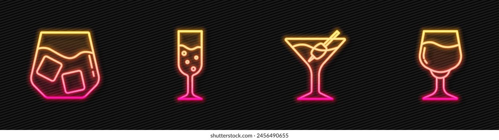 Set line Martini glass, Glass of whiskey, champagne and Wine. Glowing neon icon. Vector