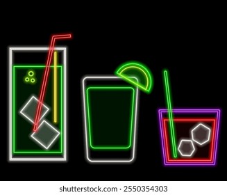 Set line Martini glass, Glass of whiskey, champagne and Wine. Glowing neon icon. Vector.